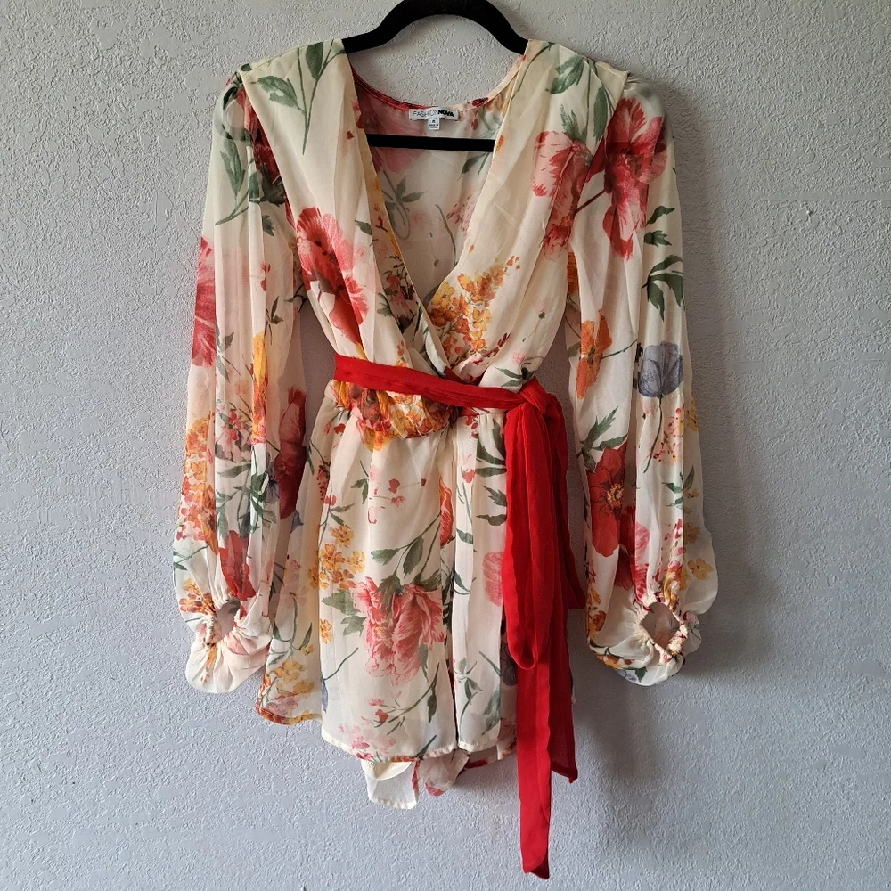 Fashion Nova Cream Floral Jumpsuit with Red Belt - Picture 2 of 5